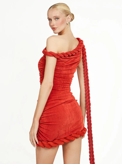 New Sexy One Shoulder Patchwork Twist Knot Draped Mini Dress Women Diagonal Collar Ruched Bodycon Dresses Evening Party Cocktail