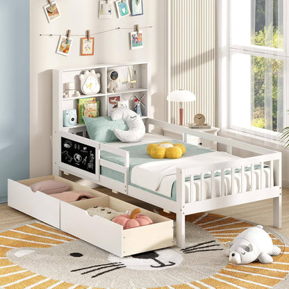 Twin Bed with 2 Storage Drawers, Solid Wood Kids Bed Frame w/Bookcase Headboard & Blackboard, Full-Length Guardrails & W