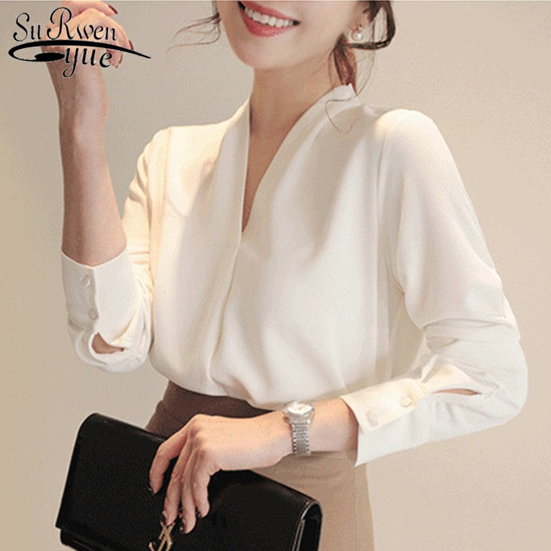 Sexy Puff Long Sleeve Ruffles Blouse Office Lady Buttons Women White Shirts V Neck Elegant Shirt Woman Fashion Female 26550