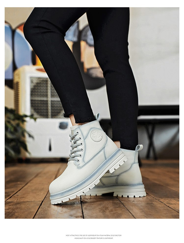 New winter men's shoes rain boots motorcycle leather shoes plush warm outdoor leisure high-top lace-up women's boots