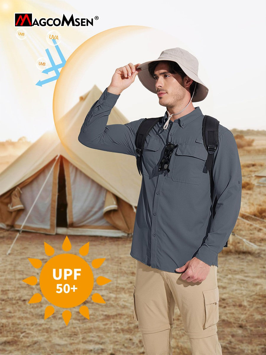 MAGCOMSEN Sun Protection Shirt Quick Dry Long Sleeve Mesh Breathable Shirt Multi Pockets Fishing Shirts Hiking Work Cargo Shirts