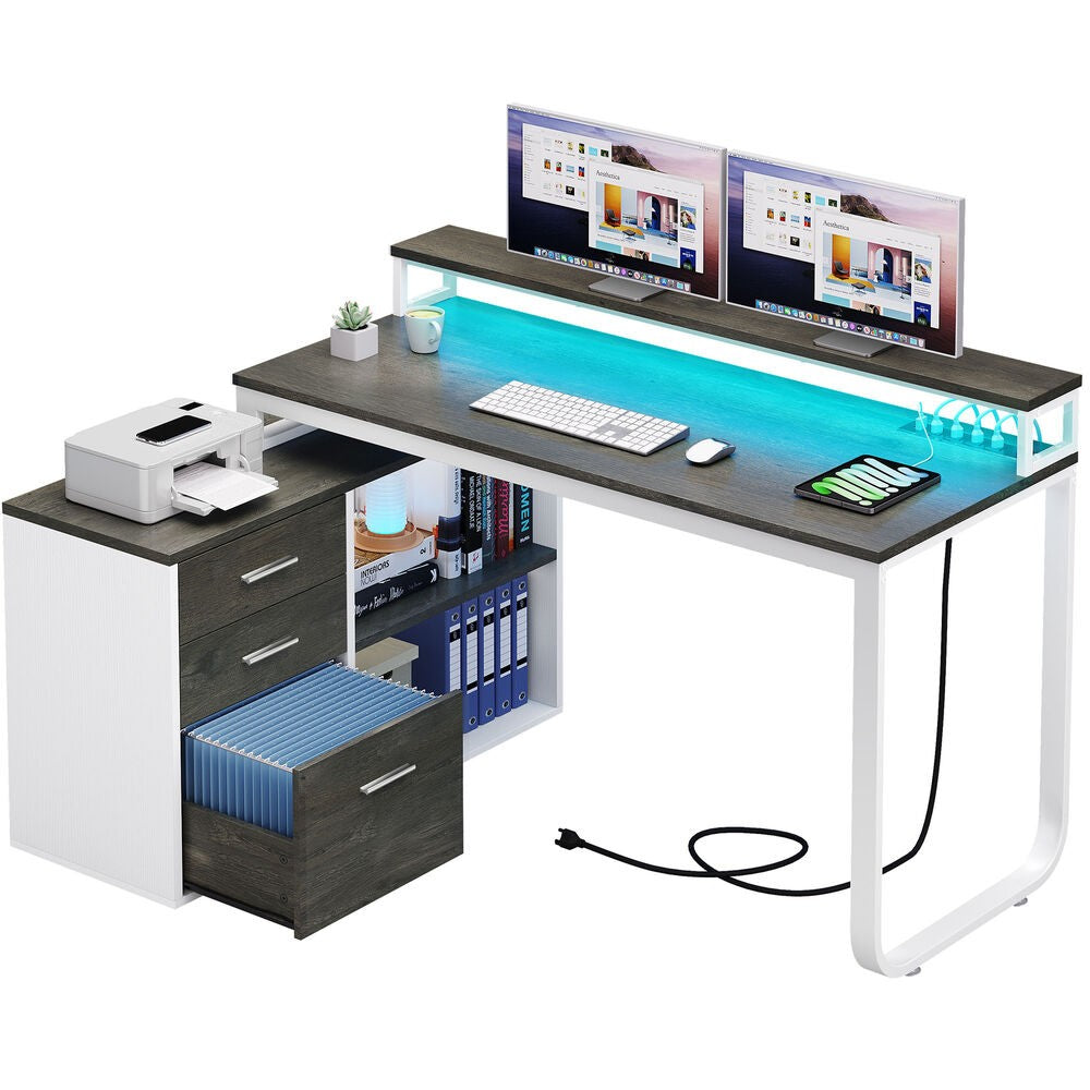 Mesa de computador para jogos em L com gavetas para arquivos para escritório em casa
