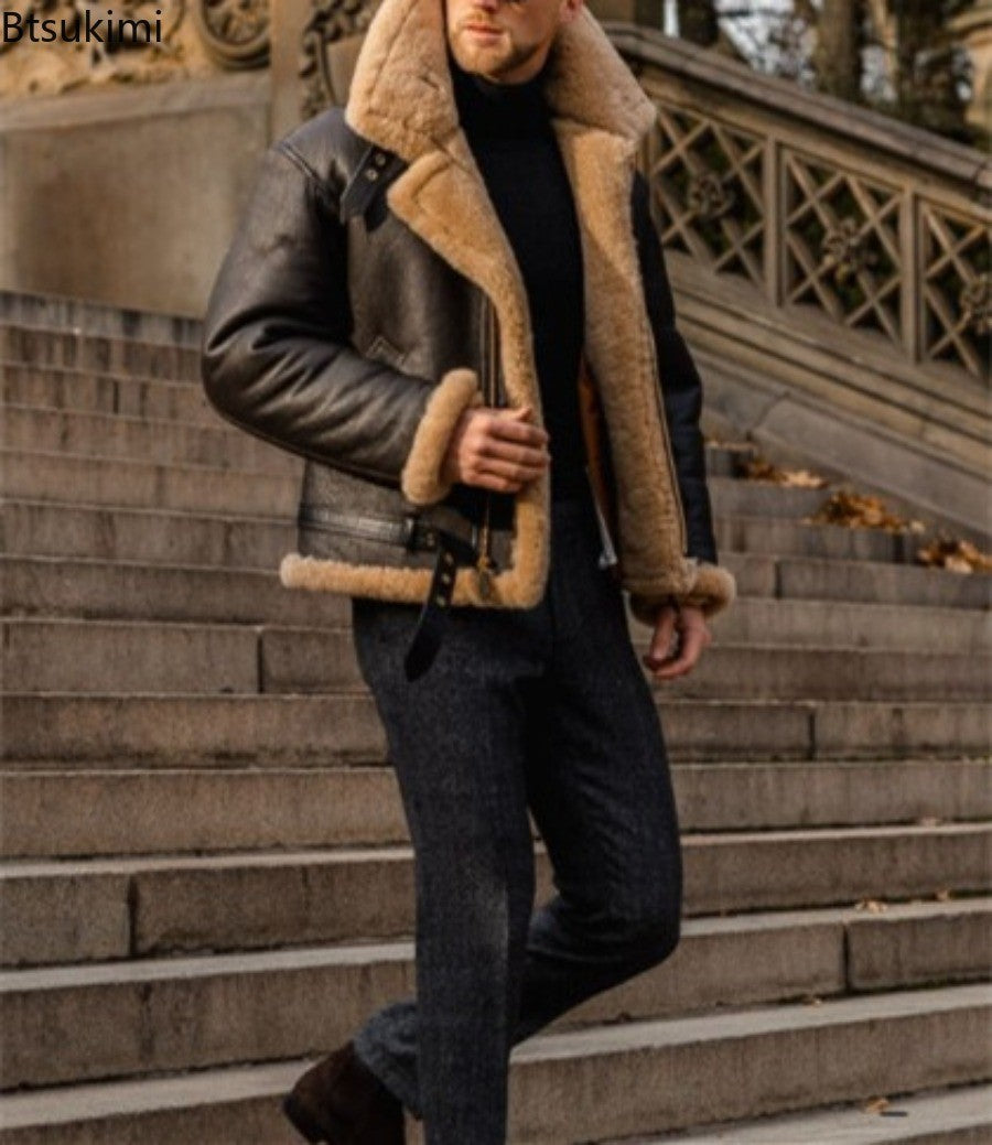 2025 Men's Winter Plush Leather Jacket Fashion Integrated Fur Thickened Warm Long Sleeve Cardigan Coats Leisure Versatile Jacket
