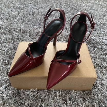 Sexy Pointed Toe High Heel Women Shoes Elegant Ankle Strap Patent Leather Stilettos Luxury Prom Weddings Bridal Pumps for Ladies
