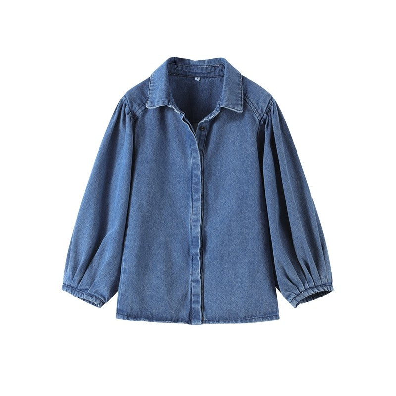 Fashion Denim Women Short Shirt Lapel Half Puff Sleeve Pleated  Turn-down Collar Solid Female Top 2025 Autumn Lady Shirts