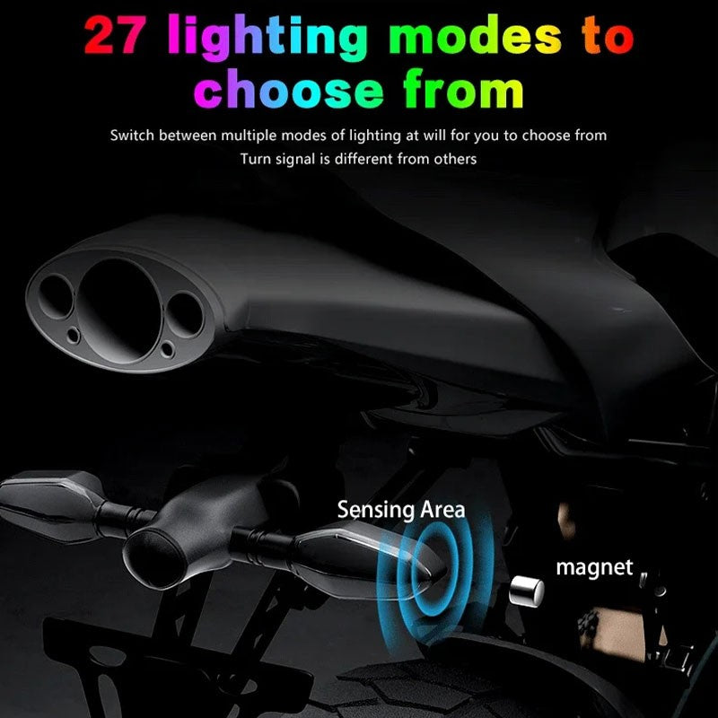 Nova lâmpada de sinalização de motocicleta LED com 27 modos Lâmpada de projeção colorida Luzes indicadoras de fluxo sequencial Luz de circulação