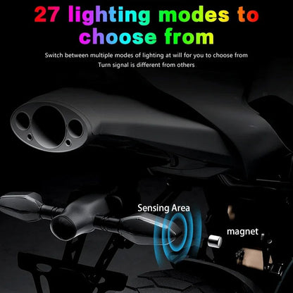 Nova lâmpada de sinalização de motocicleta LED com 27 modos Lâmpada de projeção colorida Luzes indicadoras de fluxo sequencial Luz de circulação