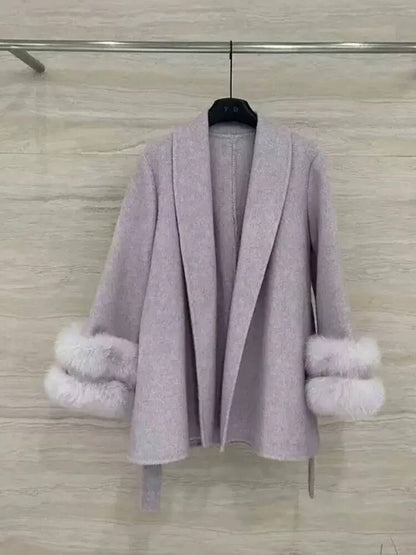 UCXQ Casaco Feminino Elegante OL para Escritório com Retalhos de Pelo Manga Comprida Lã Jaqueta de Roupa Feminina Bonita Outono Inverno 2025