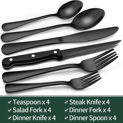 Conjunto de Talheres Pretos com Facas de Carne, Conjunto de Talheres para 4 Pessoas, Louça de Grau Alimentício, Conjunto de Talheres, Conjunto de Utensílios com Acabamento Espelhado