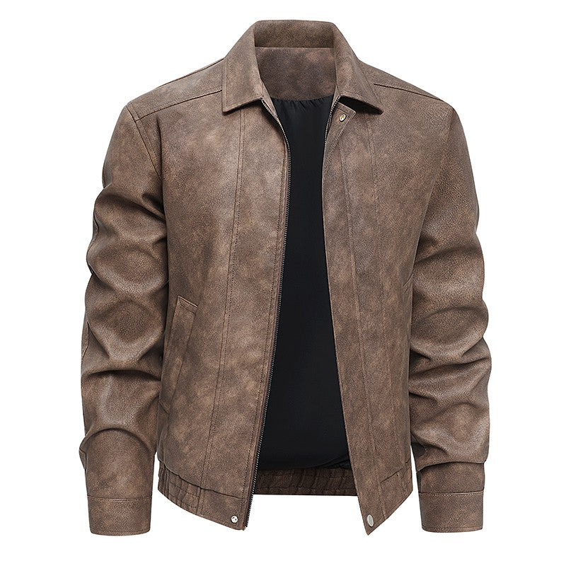Plus Size Men's Casual Loose Fit Turndown Collar Motorcycle PU Leather Jacket, Suitable For Autumn, Zipper Front