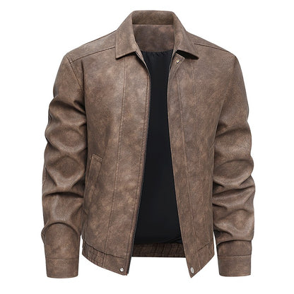 Plus Size Men's Casual Loose Fit Turndown Collar Motorcycle PU Leather Jacket, Suitable For Autumn, Zipper Front