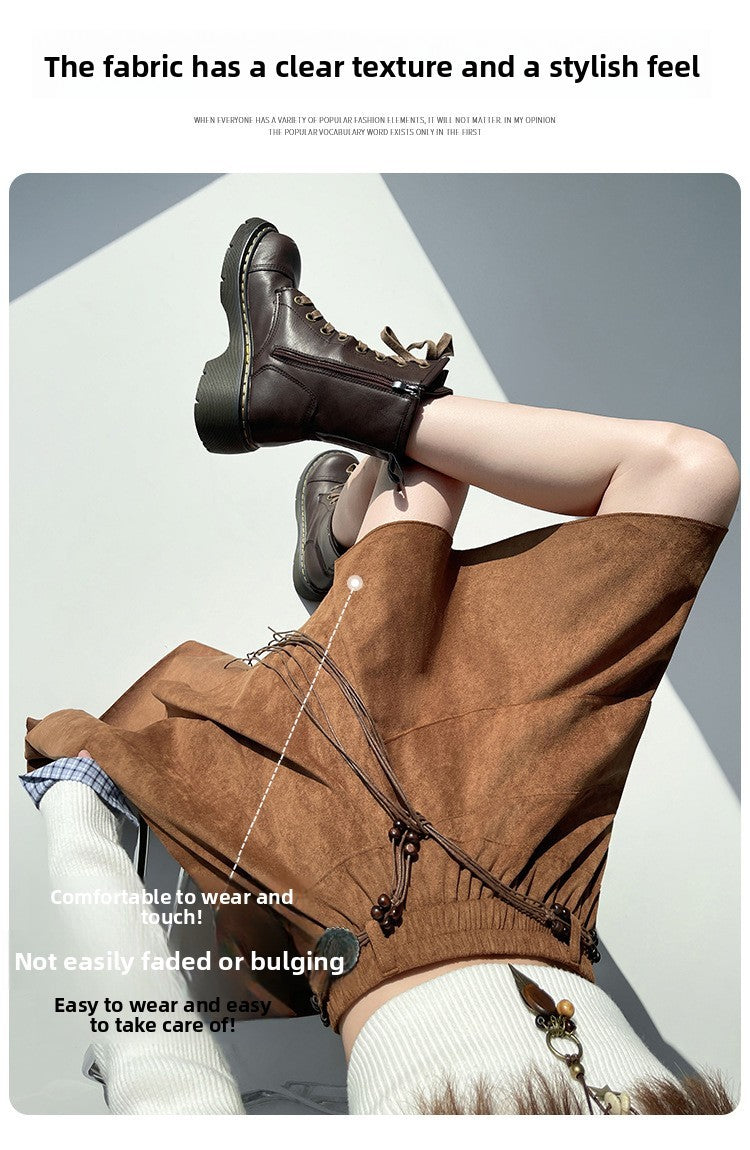 Caramel Suede Half-length Skirt Women's Autumn Winter New Irregular Belt Slim A- Line Midi Umbrella Skirt Comfortable Casual S .