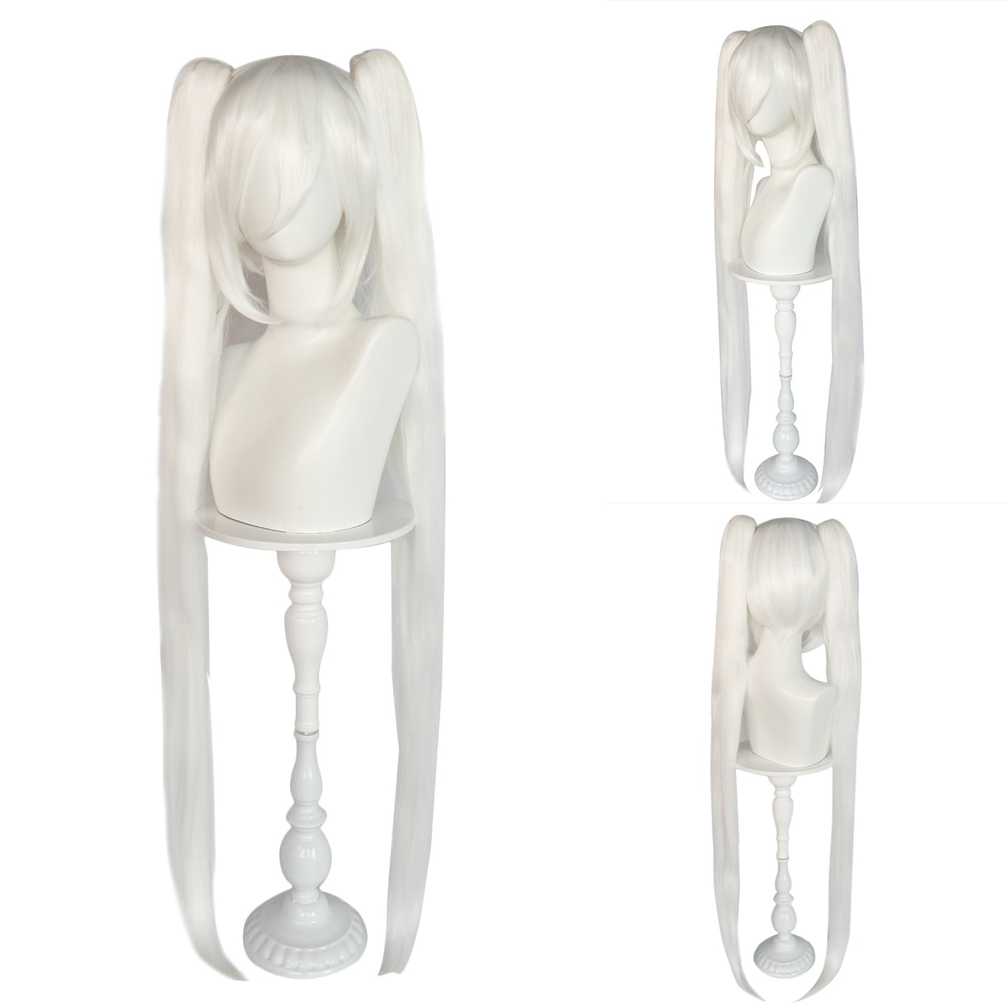 Peruca Sintética Longa Reta Branca Cosplay Rabo de Cavalo Duplo com Franja Peruca de Fibra Resistente ao Calor Adequada para Festa de Cosplay