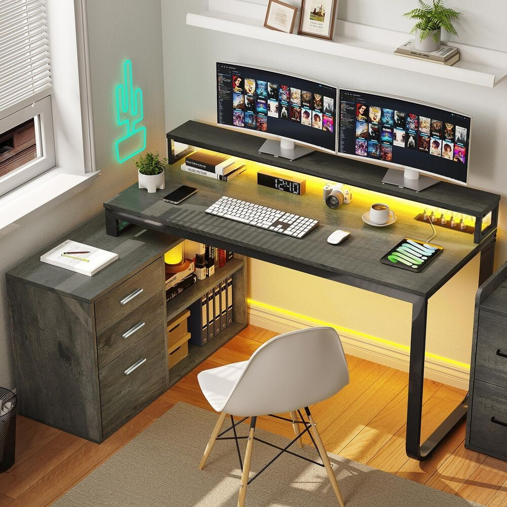Mesa de computador para jogos em L com gavetas para arquivos para escritório em casa
