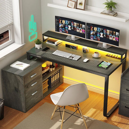Mesa de computador para jogos em L com gavetas para arquivos para escritório em casa