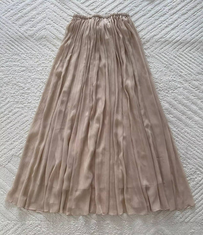 Ladies 100% Silk Elegant Set Pure Color Drawstring Long Sleeve Round Neck Shirt + A-Line Elastic Waist Maxi Skirt Holiday Suits