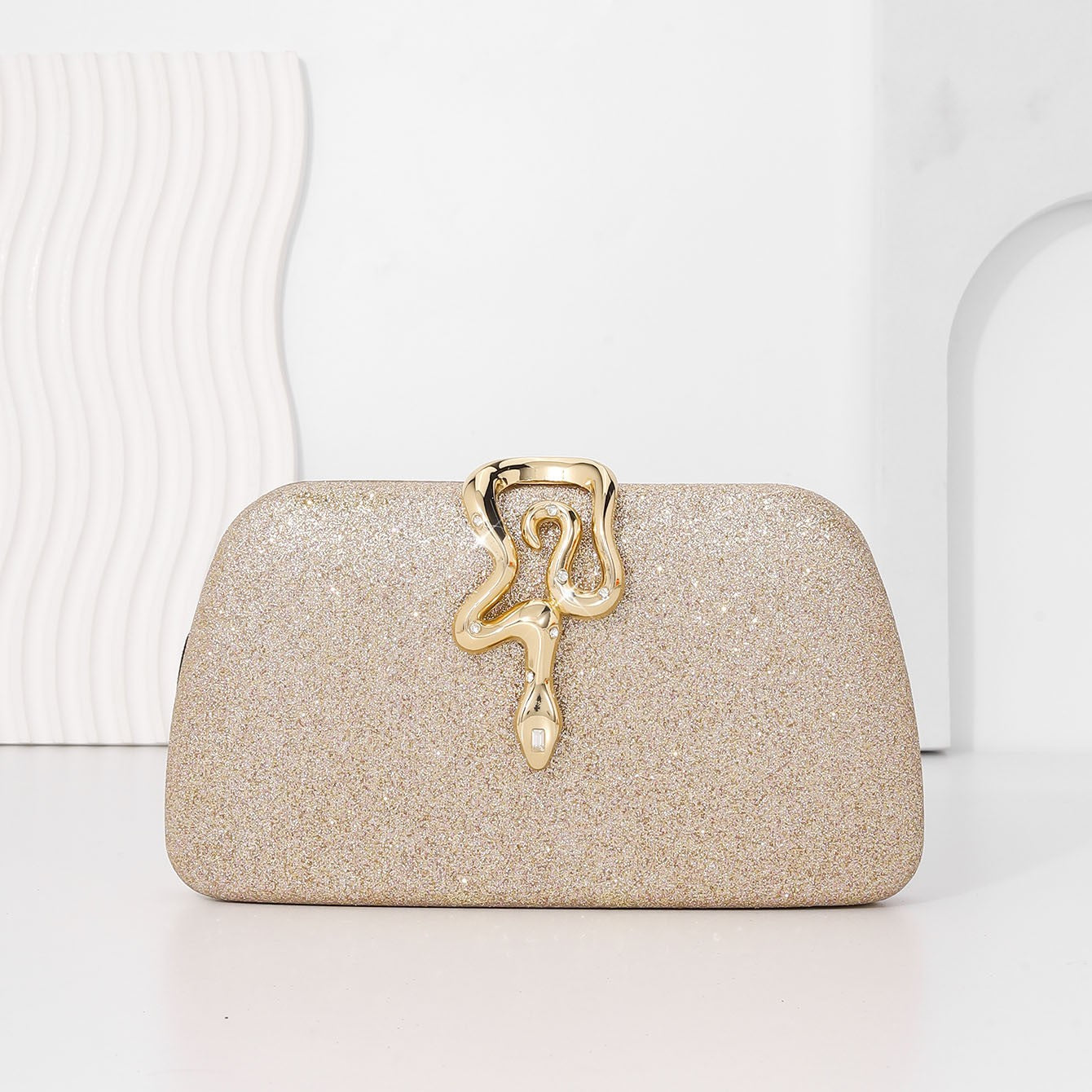 Women’s Luxury Glitter Snake Lock Clutch Elegant Evening Bag Shiny Envelope Bag Handbags Wedding Banquet Party Dress with Chain