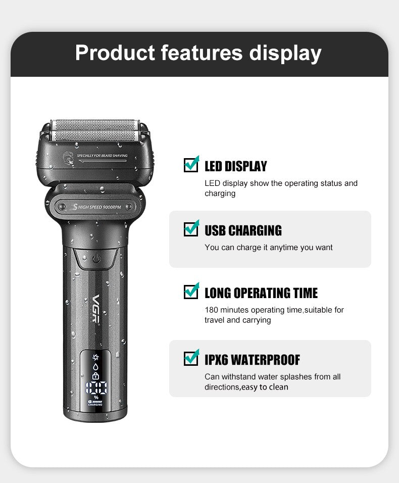 VGR Shaver Professional Beard Trimmer Waterproof Razor 9000 RPM Electric Shaving Machine Reciprocating LED Shaver for Men V-368