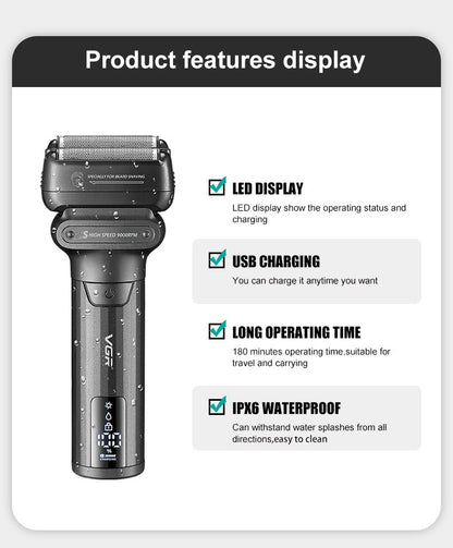 VGR Shaver Professional Beard Trimmer Waterproof Razor 9000 RPM Electric Shaving Machine Reciprocating LED Shaver for Men V-368