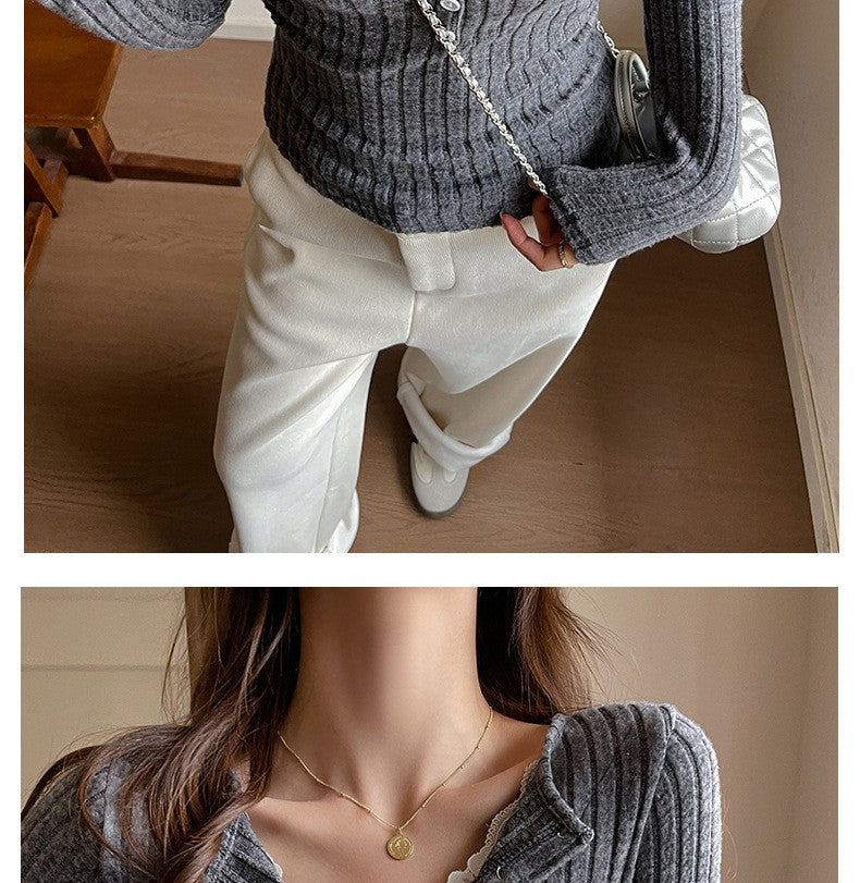 Lace Slim-fitting Bottoming Shirt Fake Two Piece Long Sleeve T-Shirt Women Chic Button Pit Striped Tops Autumn Winter Base Tees