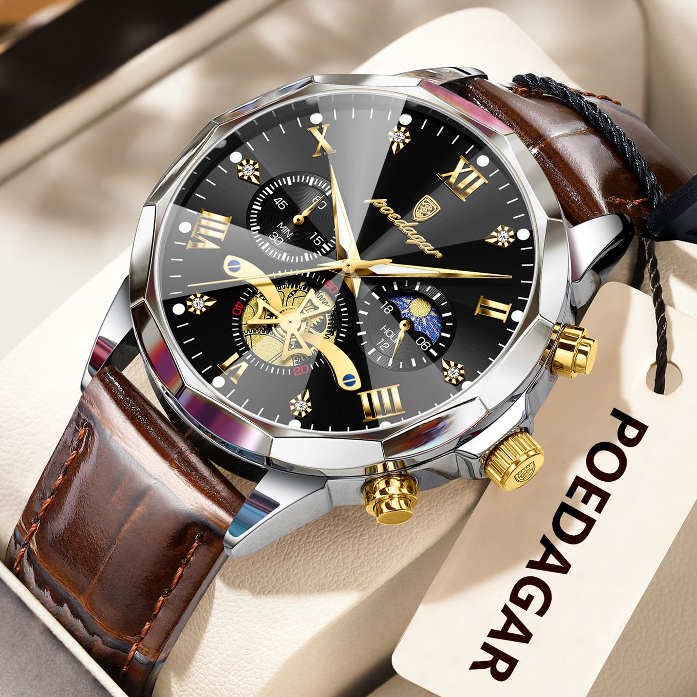 POEDAGAR Relógio de Pulso Militar de Luxo Masculino Quartzo Impermeável Luminoso Cronógrafo Couro Masculino Relógio Esportivo Masculino Relógio Masculino