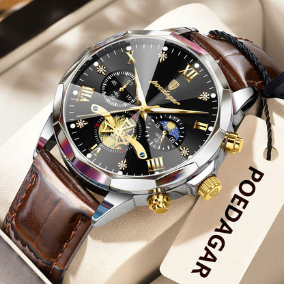 POEDAGAR Relógio de Pulso Militar de Luxo Masculino Quartzo Impermeável Luminoso Cronógrafo Couro Masculino Relógio Esportivo Masculino Relógio Masculino