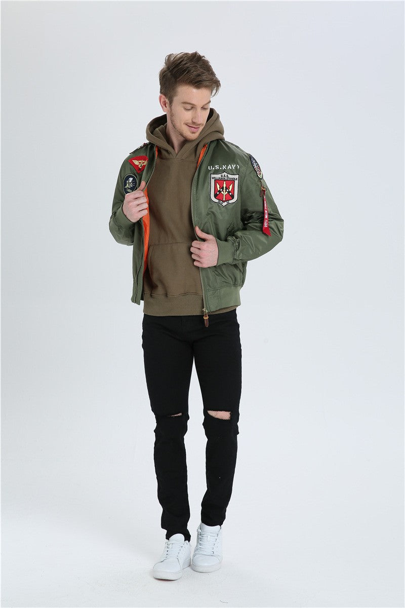 High Quality Military Fashion Casual Boy Youth Lightweight Top Gun Patch Embriodey Streetwear Ma1 Satin Flight Bomber Jacket Men