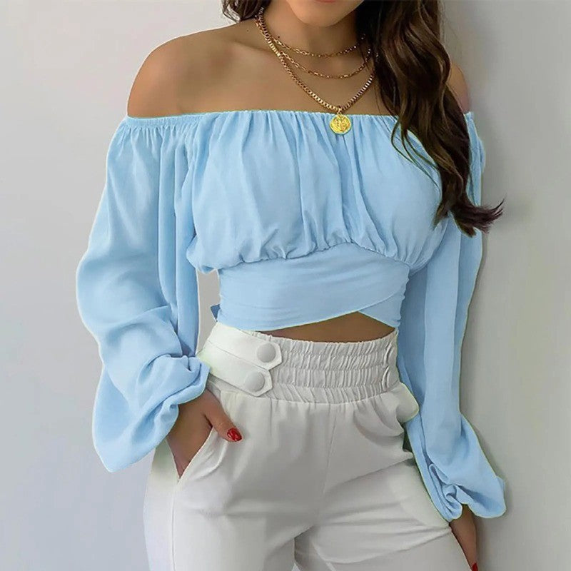 Women Sexy Off Shoulder Long Sleeve Top Self Tie Knot Crop Top Blouse Solid Color WoMen's Blouses Y2k Female Summer Shirts ????