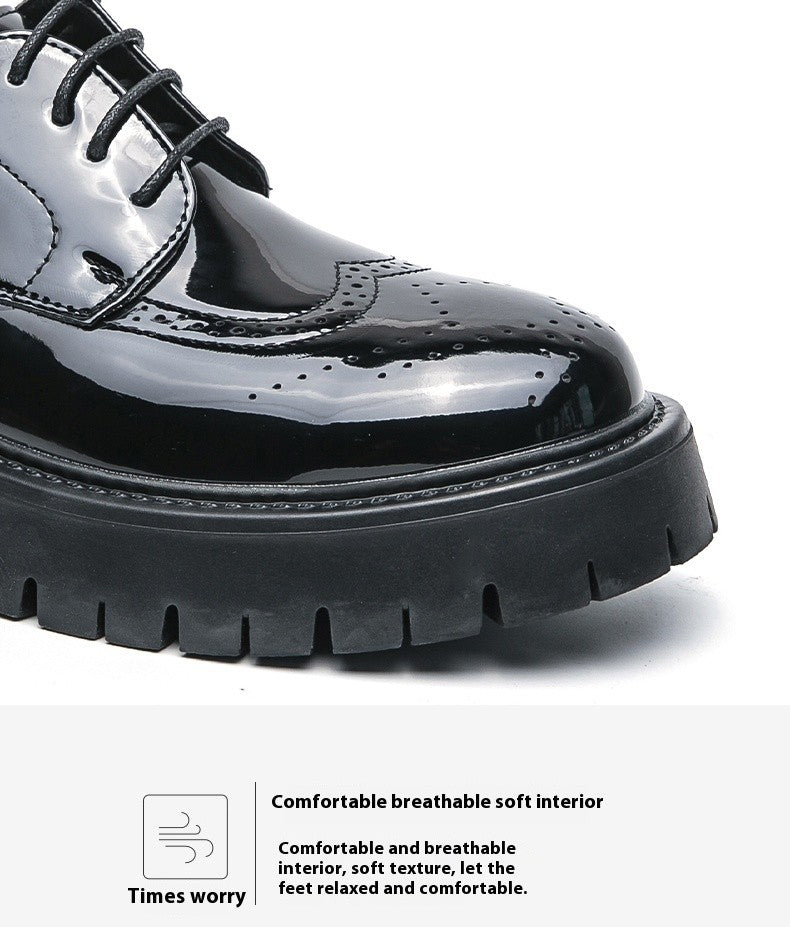 Leather shoes men's thick soles increase British style Brock business dress black senior sense wedding groom shoes 46 yards