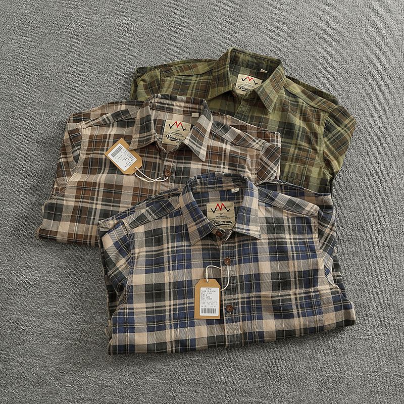 2024 Spring and Autumn New American Retro Woven Plaid Cargo Shirt Men's Simple 100% Cotton Washed Single Pocket Thin Jacket