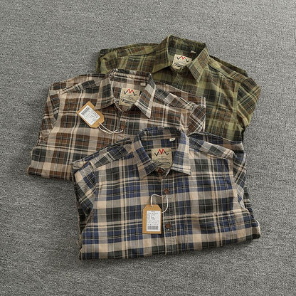 2024 Spring and Autumn New American Retro Woven Plaid Cargo Shirt Men's Simple 100% Cotton Washed Single Pocket Thin Jacket