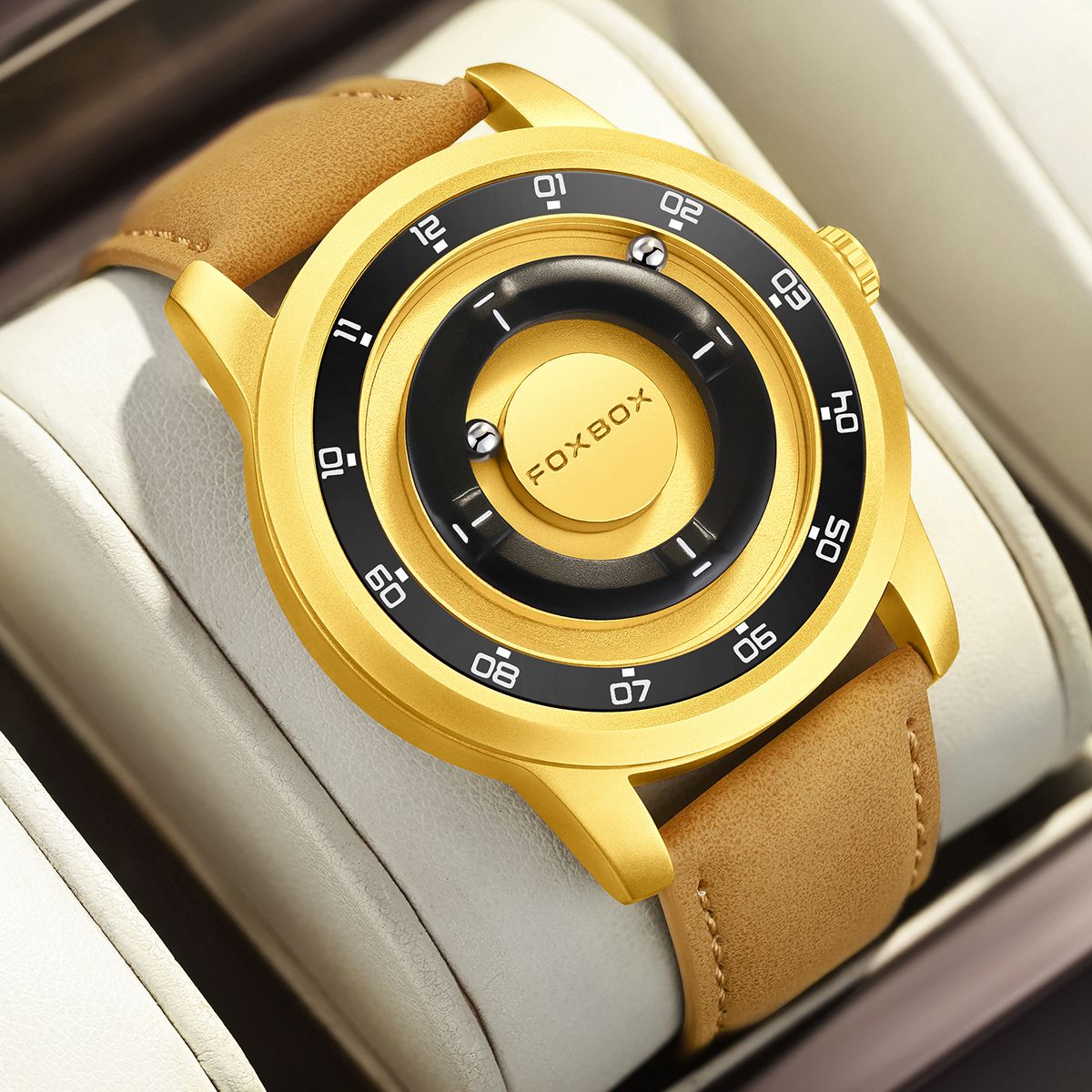 FOXBOX Fashion Unique Dial Man Watch Leather Casual Sports Srolling Bead Magnetic Force Waterproof Quartz Watches for Men Clocks