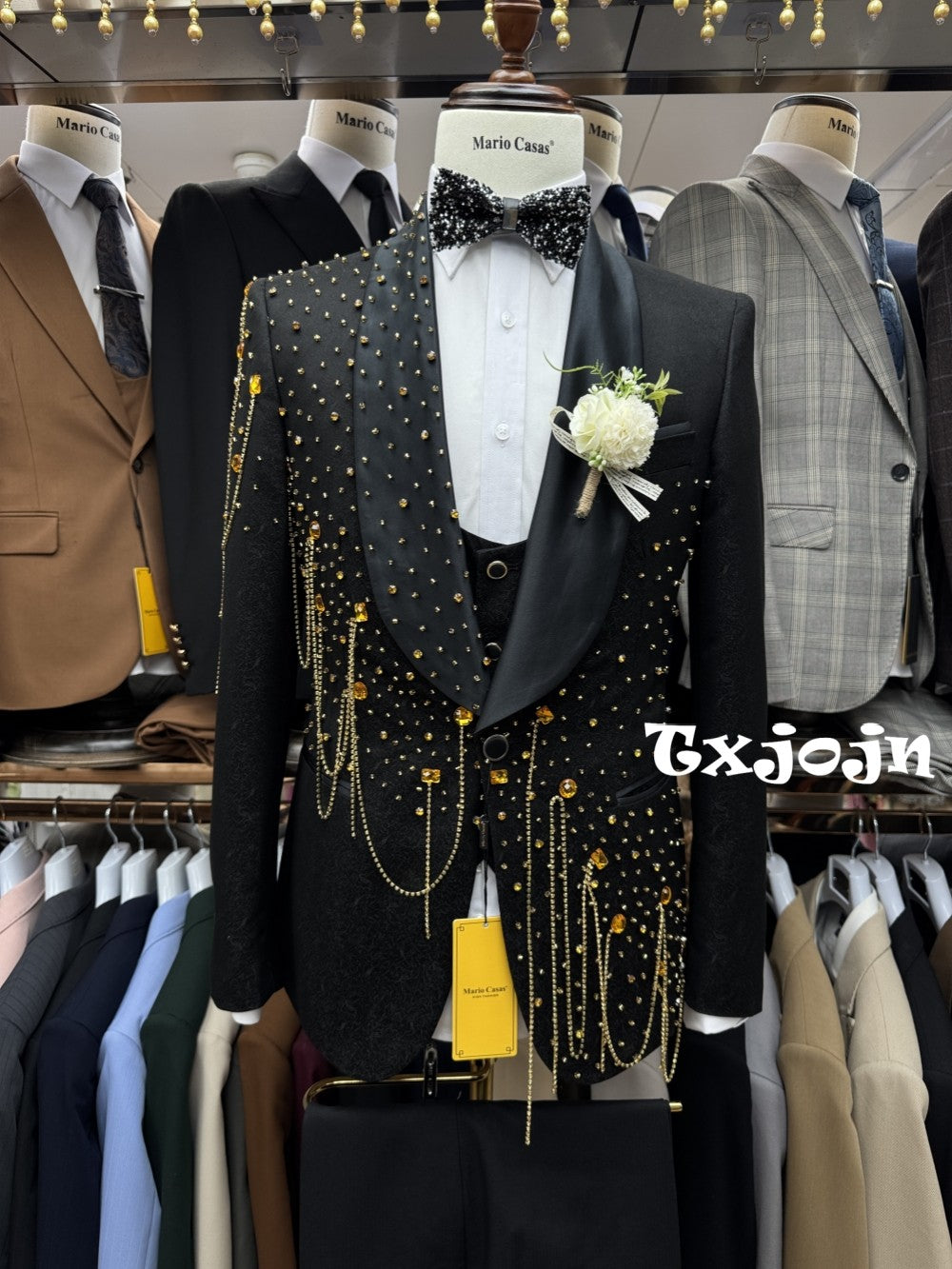 New Golden Beaded Tassel Suit Set Dancing Wear Luxury Classic Men's Suits 3 Pieces Blazer Vest Pants Wedding Groom Sets