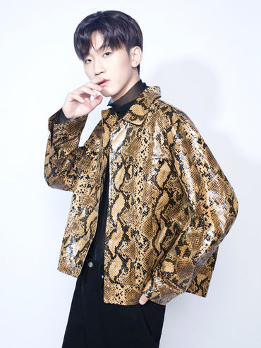 Mauroicardi Spring Autumn Loose Cool Shiny Colorful Snakeskin Print Pu Leather Jacket Men Luxury Designer Clothes Streeetwear