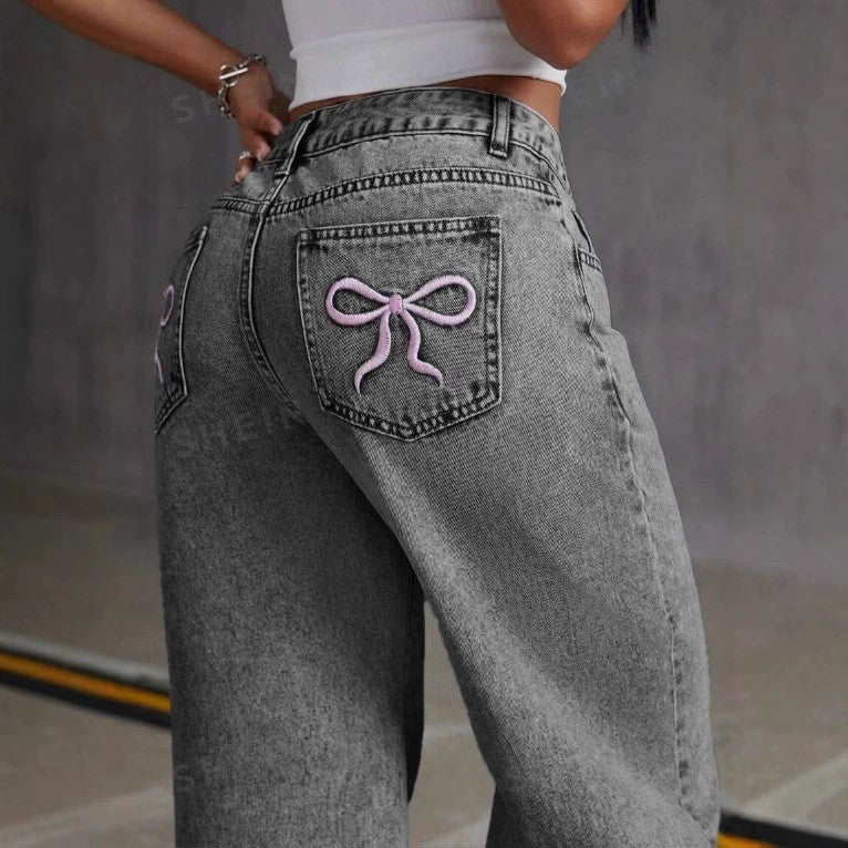 Bow Embroidered Jeans Women's Sweet Spicy Style High Waist Straight Leg Pants Loose Casual Wash High Street Denim Pants