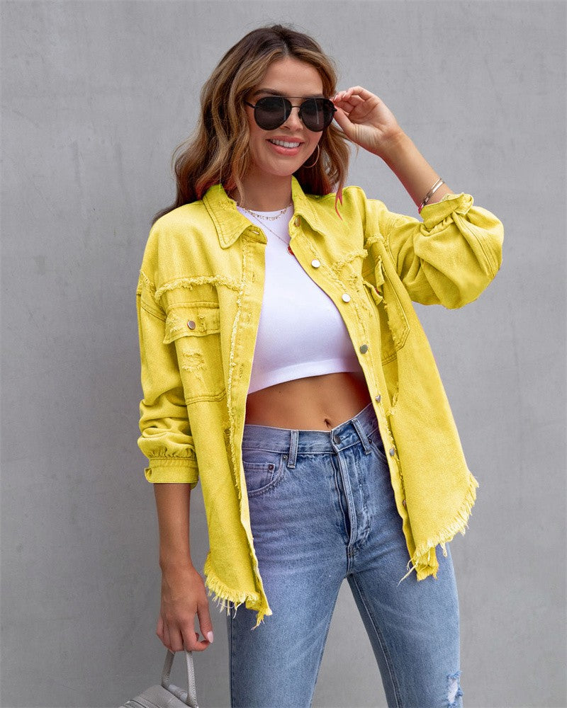 2025 Holes Raw-edges Denim Jacket Women Spring Autumn Shirt Style Jeancoat Casual Top Rose-Red Orange Purple Outerwear Lady Coat