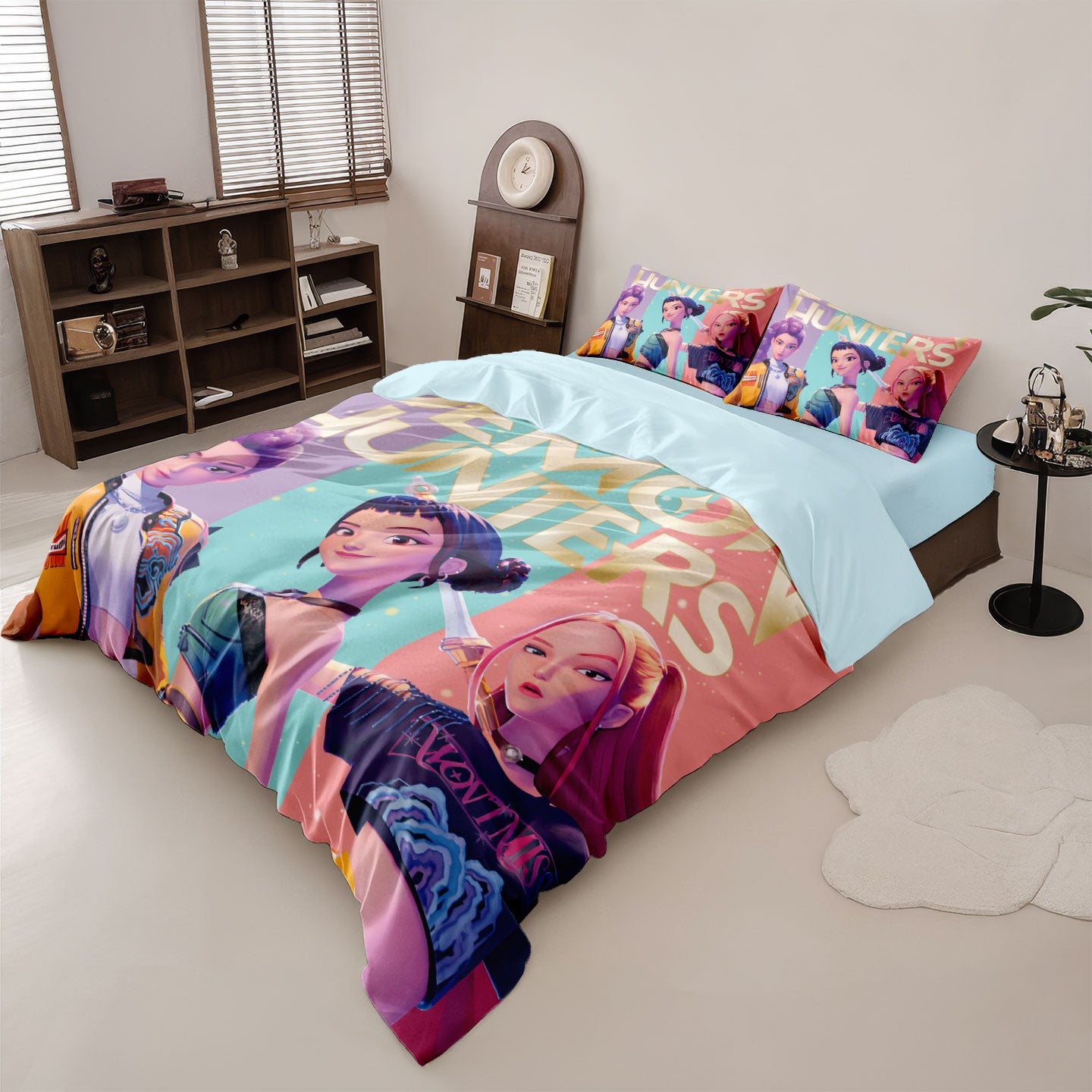 Conjunto de Cama Rumi K-Pop Caçadores de Demônios Temático 2 Lados Estampa Colorida Poliéster Lençol de Dormitório Estudantil Capa de Edredom Presente Infantil