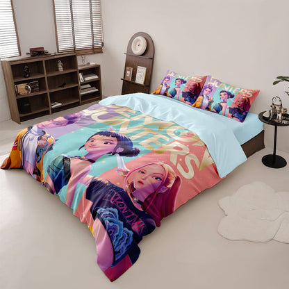 Conjunto de Cama Rumi K-Pop Caçadores de Demônios Temático 2 Lados Estampa Colorida Poliéster Lençol de Dormitório Estudantil Capa de Edredom Presente Infantil