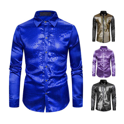 Club Sequin Shirt Mens 70s Disco Costume Vinatge Shirt Turn-down Collar Reflective Shiny Sequins Short Sleeve Button Down Shirt