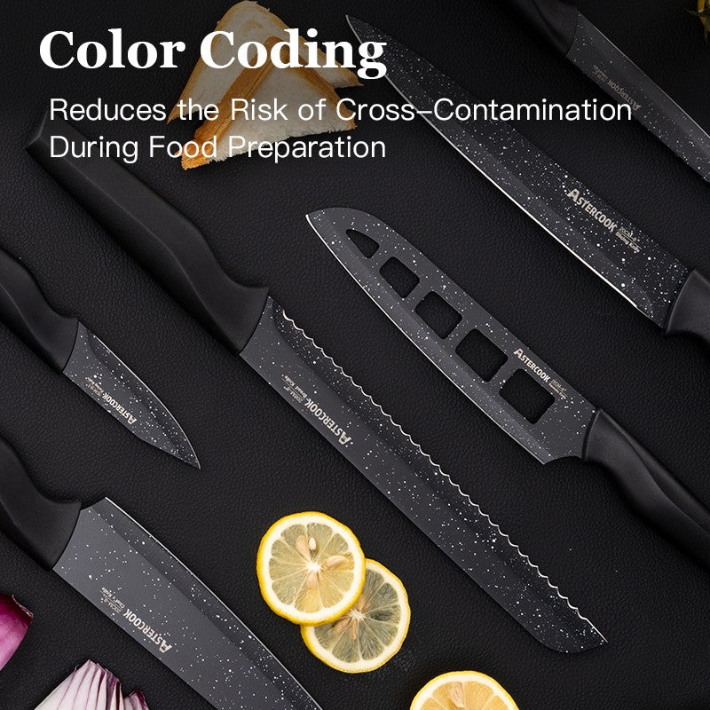 Conjunto de facas Astercook de 6 peças, conjunto de facas de cozinha estreladas com protetores de lâmina, laváveis na lava-louças, aço inoxidável alemão de alto carbono