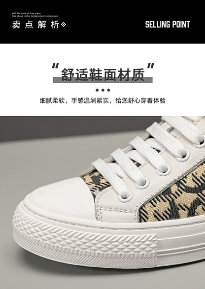 New Shoes for Men Genuine Leather Patchwork Casual Shoes Trend Flat Skateboard Shoes Youth Cool Lace-up Sneakers