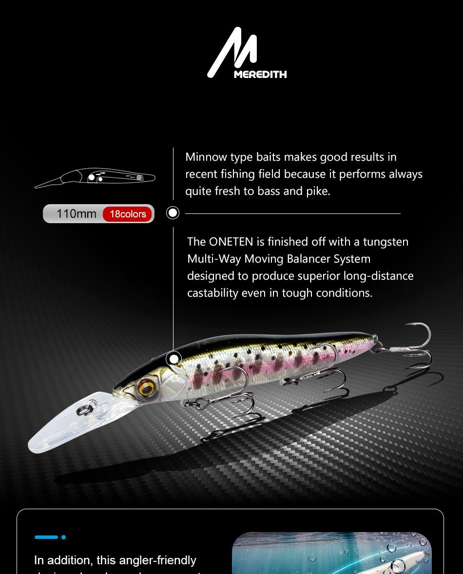 MEREDITH Iscas de Pesca Minnow Wobbler Lento Afundando ou Flutuando 110mm Isca Artificial Rígida Profundidade 0-3m Isca para Baixo e Lúcio