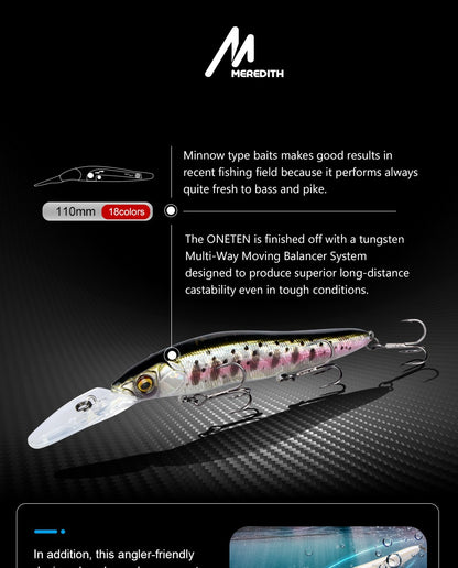 MEREDITH Iscas de Pesca Minnow Wobbler Lento Afundando ou Flutuando 110mm Isca Artificial Rígida Profundidade 0-3m Isca para Baixo e Lúcio