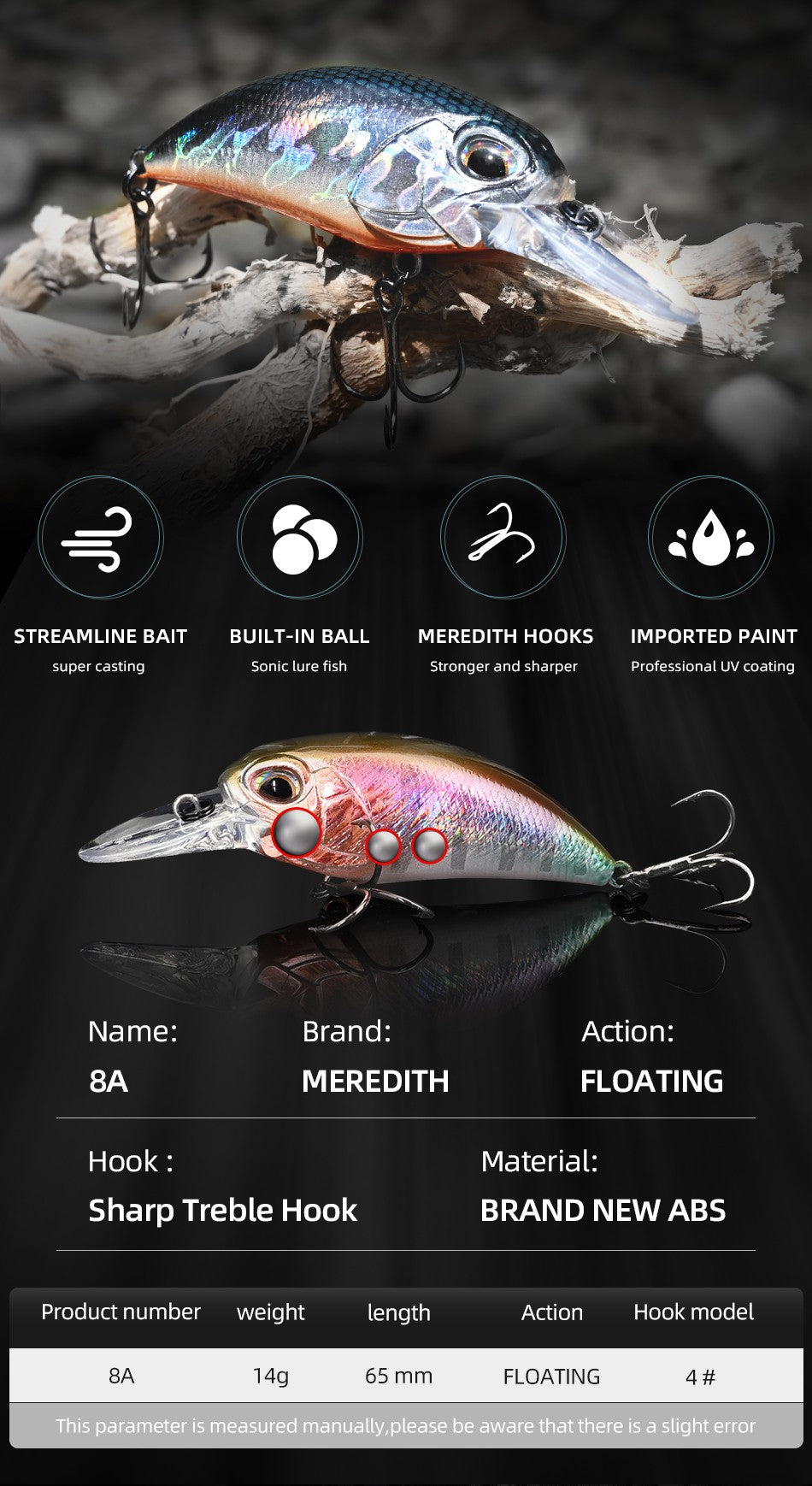 MEREDITH 6.5cm 14g JERK CRANK Wobblers Crank Fishing Lure Artificial Minnow Jerkbait Floating Hrad Lure For Trout Fishing Bait