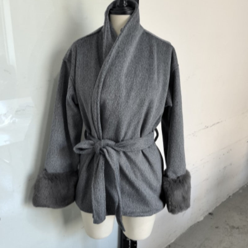 Lace-Up Short Overcoat Women's Coat Office Lady Elegant Woolen Furry Patchwork Long Sleeve Coats 2025 New Loose Cardigan Jackets