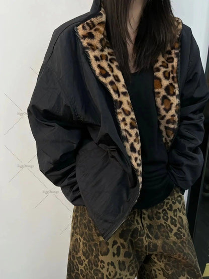 American Retro Harajuku Leopard Print Reversible Zipper Jacket Women Streetwear Trendy Casual Autumn and Winter Warm Plush Coat