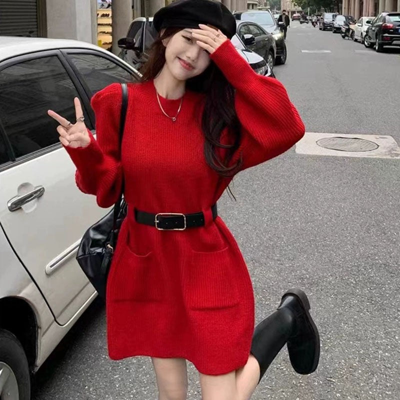 Autumn Winter Striped Knitted Dress Women Korean Fashion Double Pockets Short Dresses Ladies Casual Loose Long Sleeve Knit Dress
