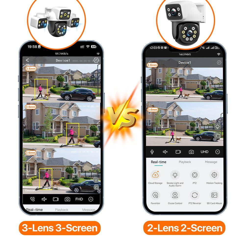PEGATAH 6K 12MP Outdoor WiFi Camera Three Screen Three Lens 10X Zoom PTZ Automatic Tracking Audible Visual Alarm Security Cam