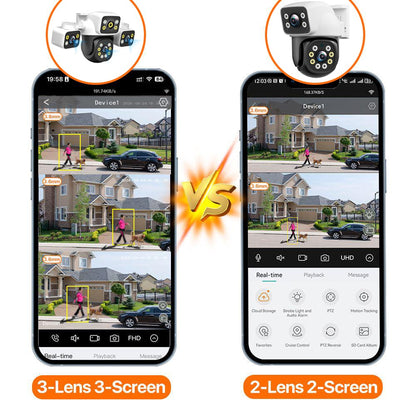 PEGATAH 6K 12MP Outdoor WiFi Camera Three Screen Three Lens 10X Zoom PTZ Automatic Tracking Audible Visual Alarm Security Cam