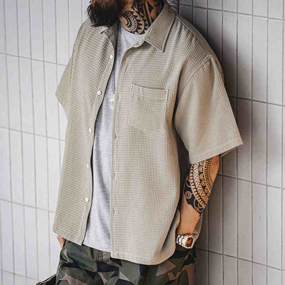 Summer Men's Waffle Short Sleeve Cargo Shirts 2025 New Casual Retro Breathable Lapel Blouse Y2K Vintage Streetwear Tee Shirt